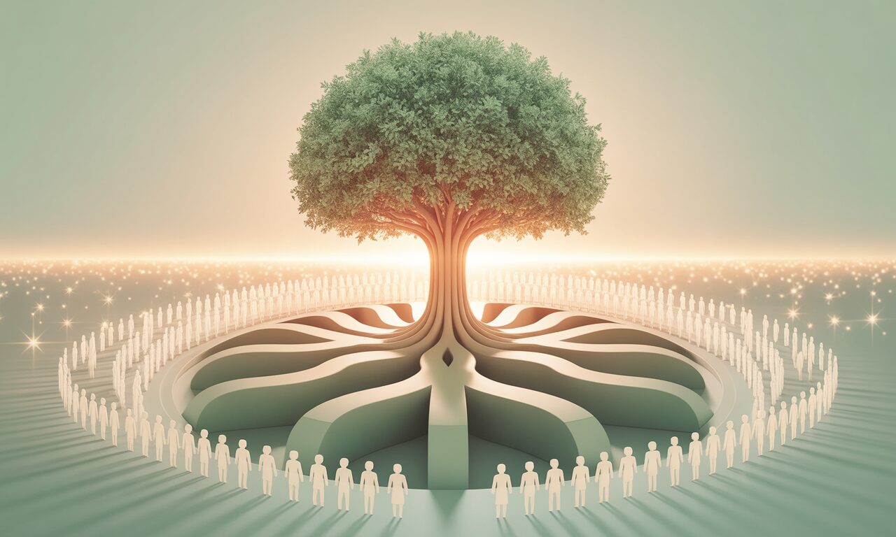 Illustration of a large tree with interconnected roots surrounded by people, symbolizing family growth, community, and generational support