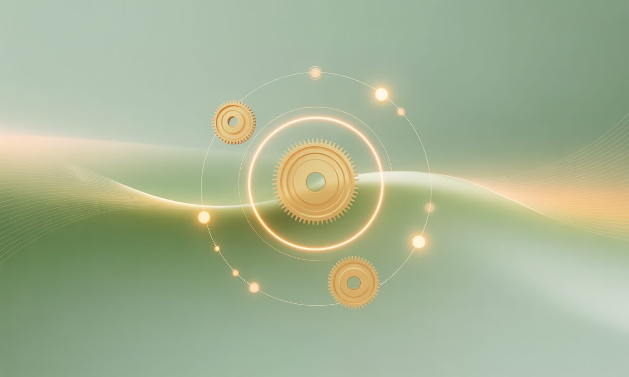 Abstract illustration of interconnected gears and flowing lines symbolizing systems working together and balanced growth